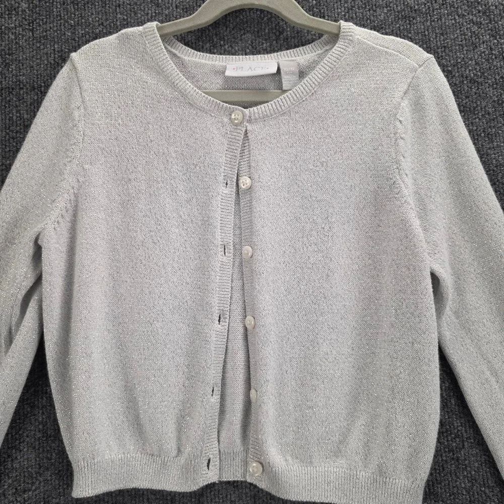 The Childrens Place Girls Silver Metallic Shimmer Button Front Cardigan Sz 10/12